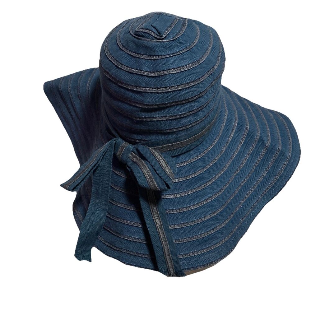 D&Y Sun Hat Wide Brim Floppy Soft Navy Blue Cotton Ribbon Bow Beach Travel - Picture 9 of 13